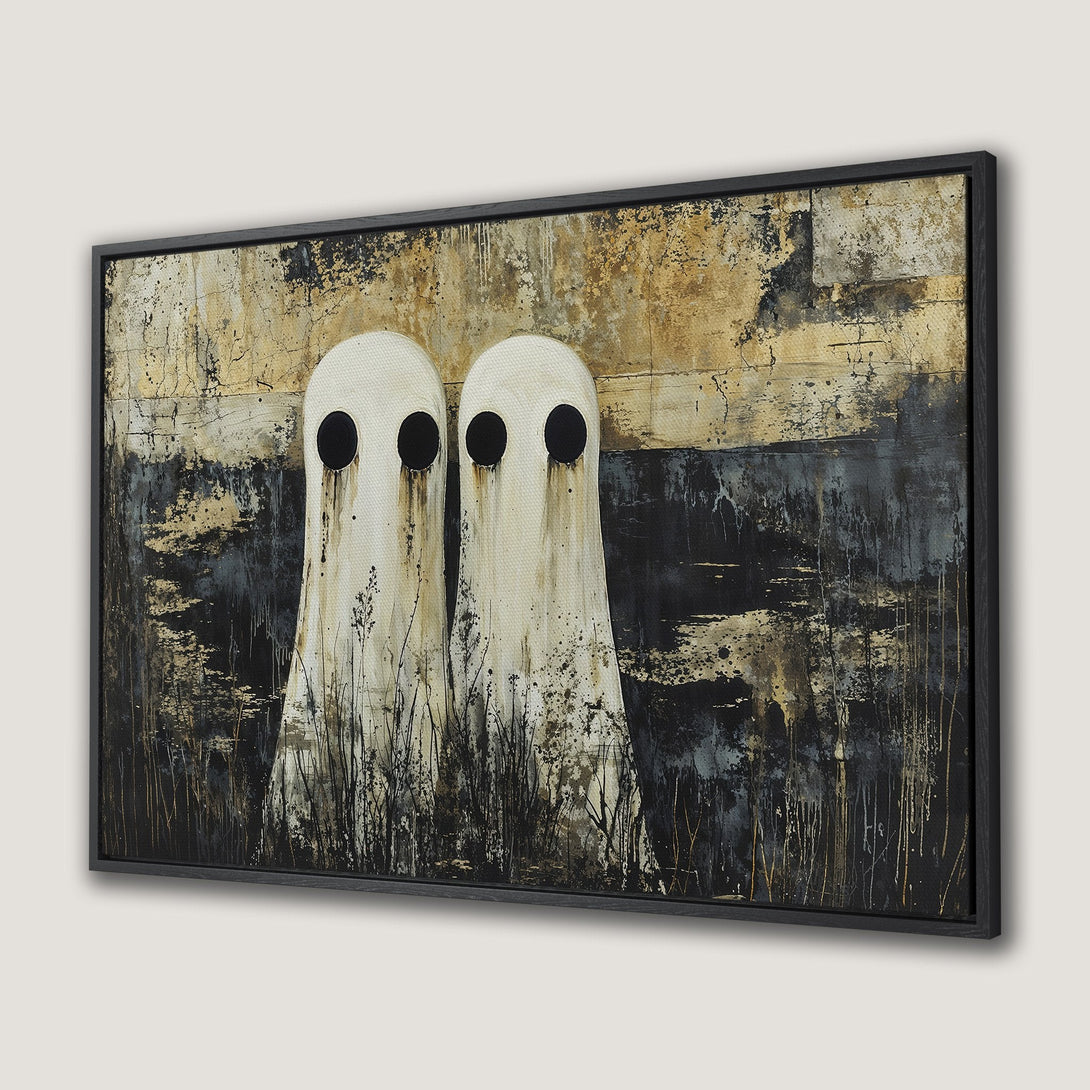 Framed Wall Art featuring abstract ghost painting in a moody, black, white, and gold color palette. Perfect for modern home decor.