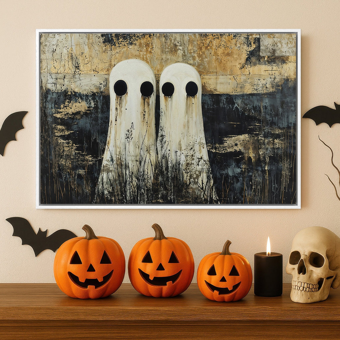 Framed Wall Art: Abstract ghost painting in a neutral palette. Perfect Halloween decor. Modern art print for your home.