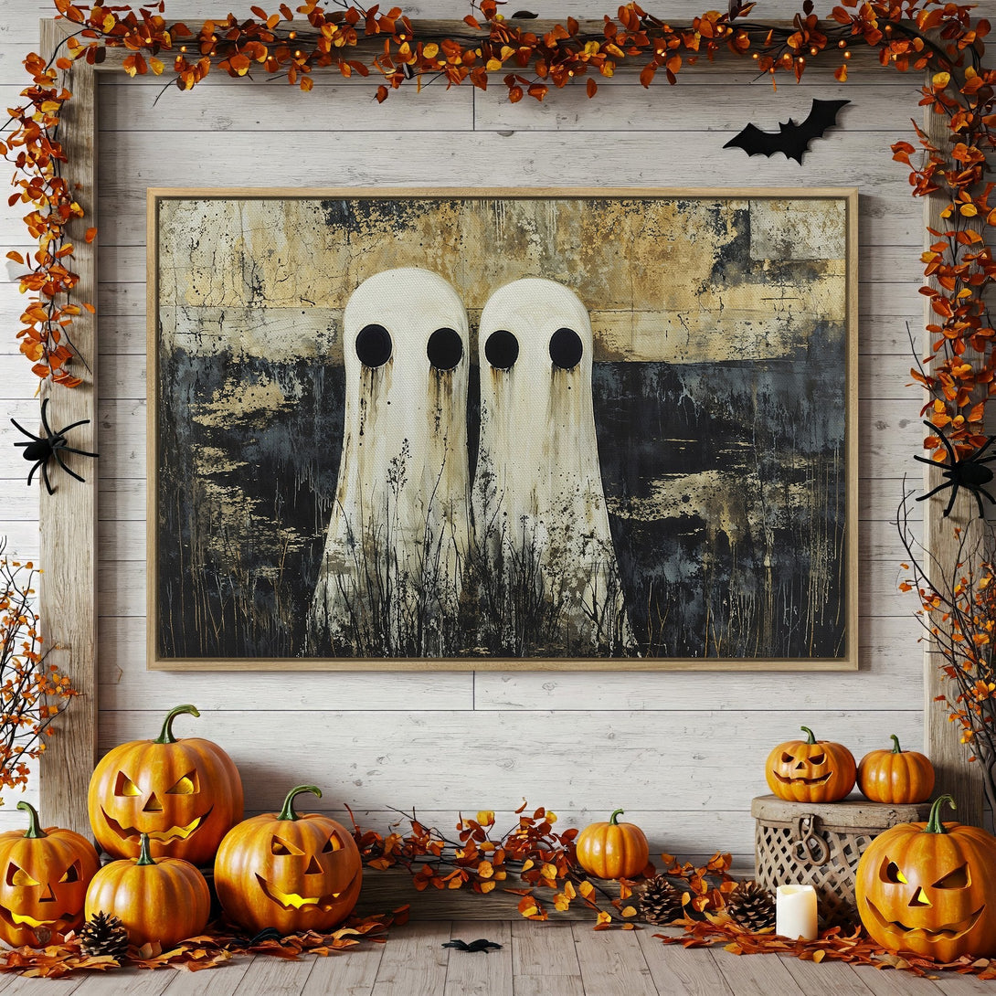 Framed Wall Art: Spooky ghost painting in neutral tones. Perfect Halloween decor. Abstract style with black, white, and gold color palette.