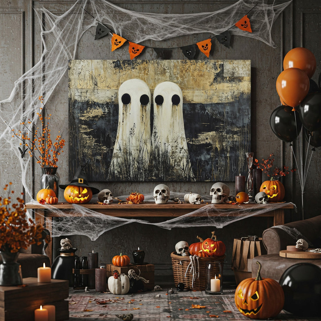 Framed Wall Art: Spooky ghost art in a gold frame. Abstract style with a moody black, white, and gold color palette. Perfect Halloween decor.
