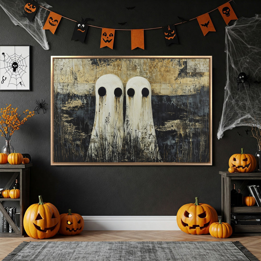 Framed Wall Art: Spooky ghost painting in a Halloween-themed interior. Abstract style with a neutral, black, and gold color palette. Perfect for seasonal decor.