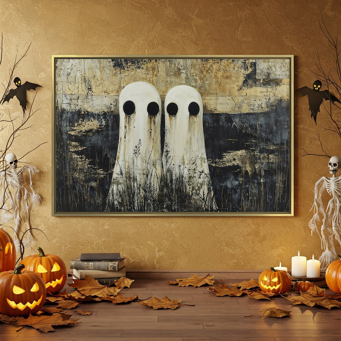 Halloween-themed Canvas Print featuring ghostly figures on a textured background. Moody art with a dark, autumnal color palette. Perfect for spooky decor.