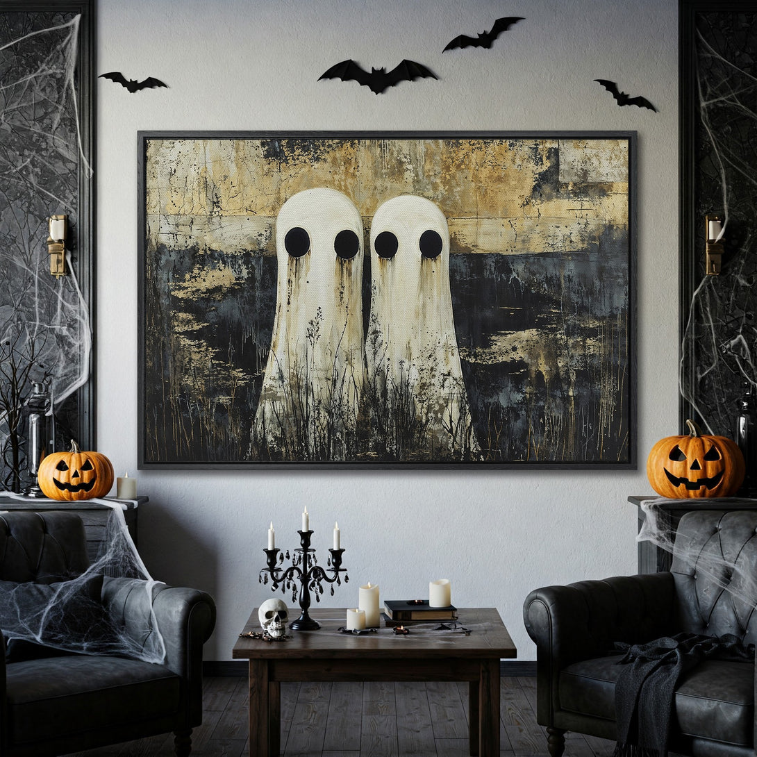 Framed Wall Art featuring spooky ghost painting in neutral & black tones. Perfect Halloween decor for a modern, moody interior. Shop now!