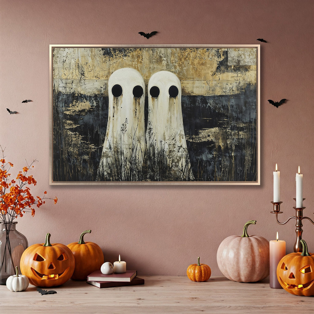 Framed Wall Art: Spooky ghost painting in a Halloween-themed interior. Abstract style with a neutral and gold color palette. Perfect for seasonal decor.