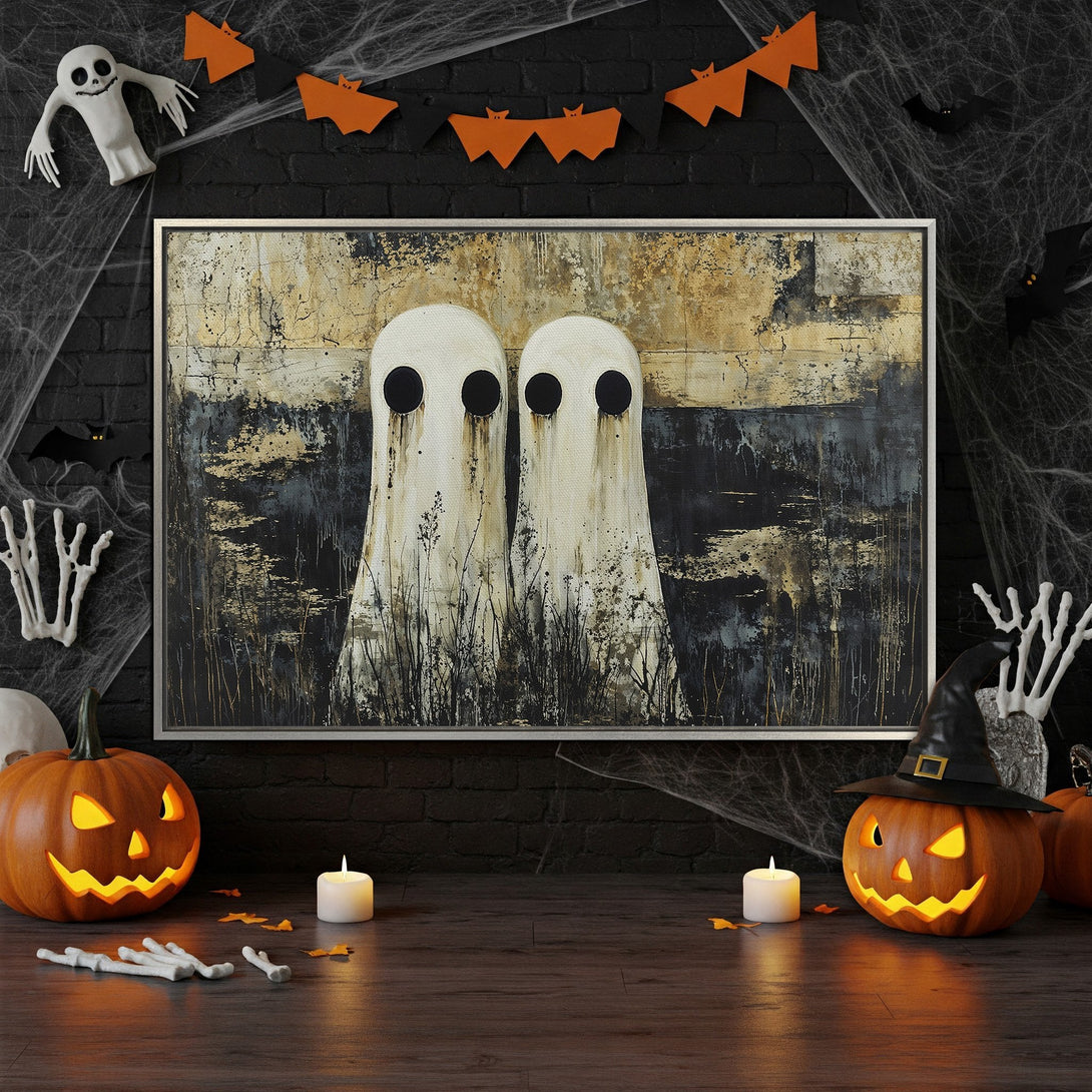 Framed Wall Art: Spooky ghost painting in a Halloween-themed interior. Abstract style with a black, white, and gold color palette. Perfect for Halloween decor!