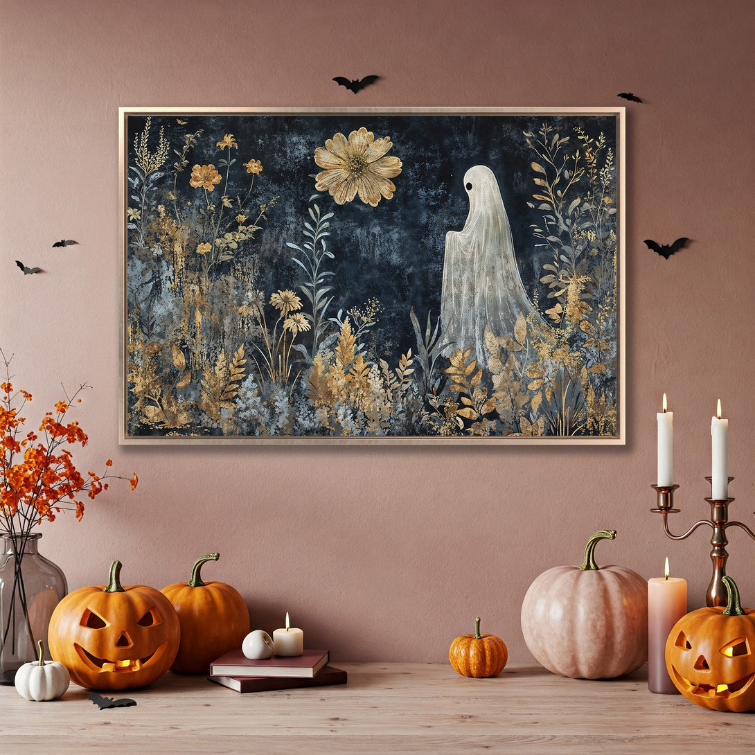 Framed Wall Art: Spooky ghost art in a dark, moody palette with gold accents. Perfect Halloween home decor. Shop now for unique wall art!