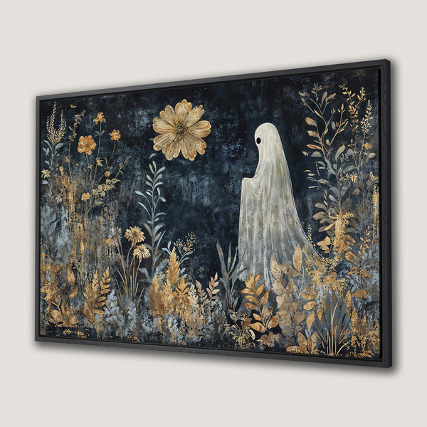 Framed Wall Art featuring a whimsical ghost in a floral scene. Dark, moody palette with gold and blue accents. Perfect for Halloween decor!