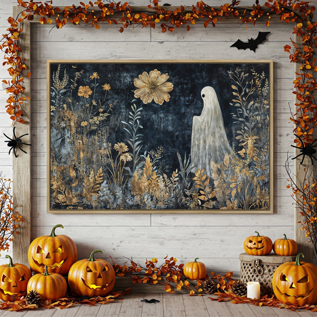 Framed Wall Art: Spooky ghost art in a dark, gold, and blue color palette. Perfect Halloween decor for any room, adding a touch of eerie elegance.