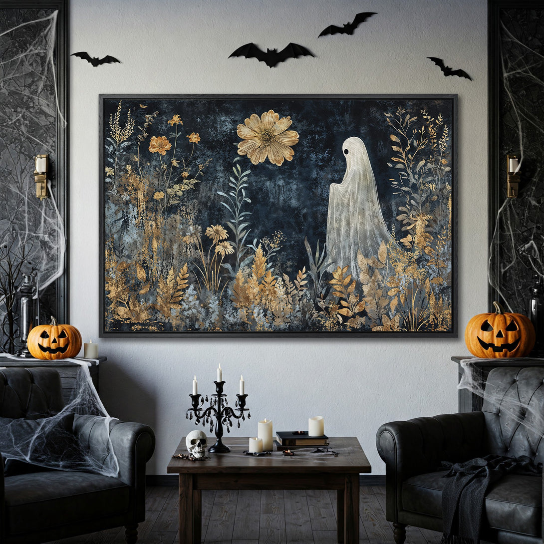 Framed Wall Art: Spooky ghost & floral print in gold & navy. Perfect Halloween decor! Add a touch of eerie elegance to your space.