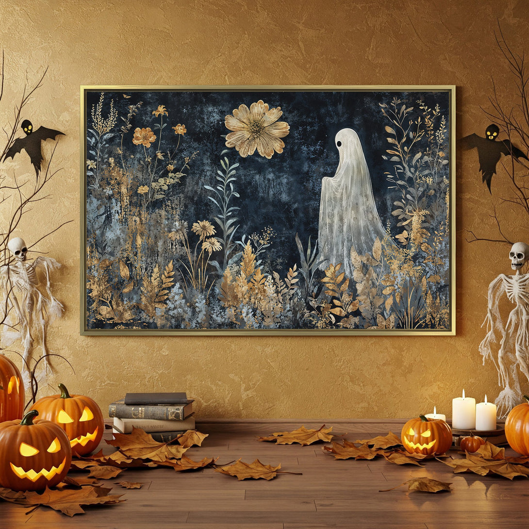 Canvas Print: Spooky Halloween decor featuring a dark floral artwork with a ghost, gold accents, and a navy blue background. Perfect for fall!