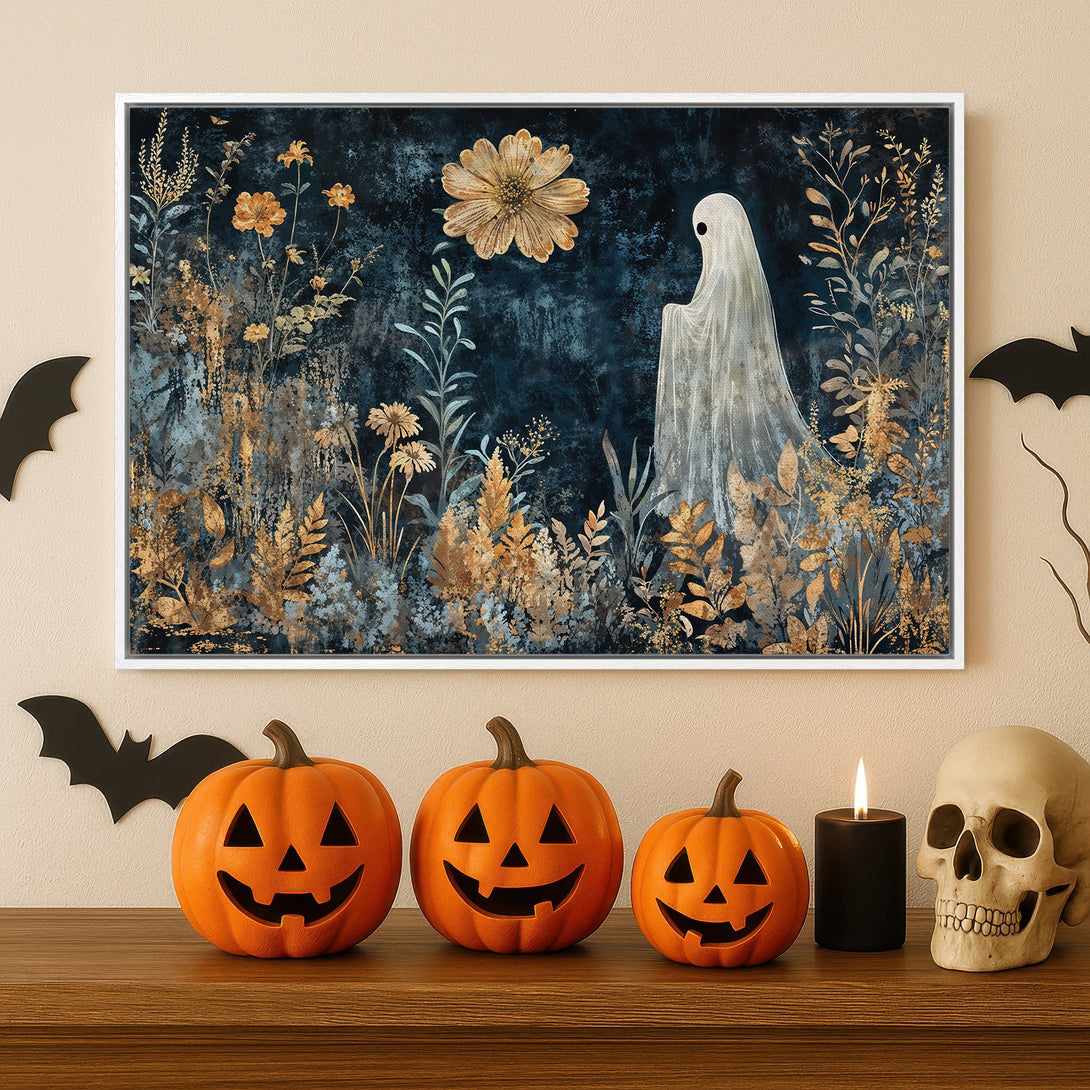 Framed Wall Art: Spooky ghost in a floral scene, dark blue & gold color palette. Perfect Halloween decor for your home!