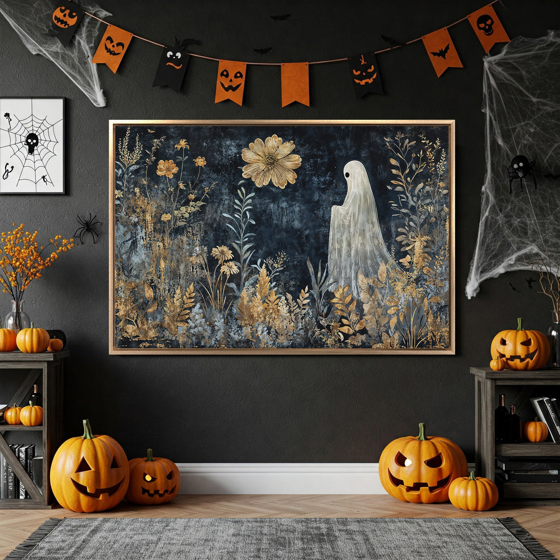 Framed Wall Art featuring a ghost in a floral, gold, and blue abstract style. Perfect for Halloween decor!