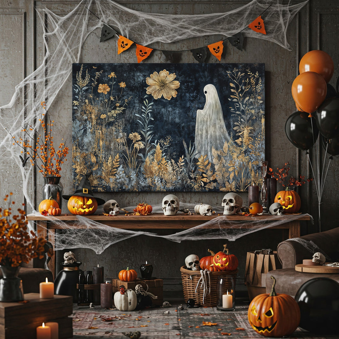 Framed Wall Art featuring a spooky ghost in a botanical style, with a dark blue, gold, and neutral color palette, perfect for Halloween decor.