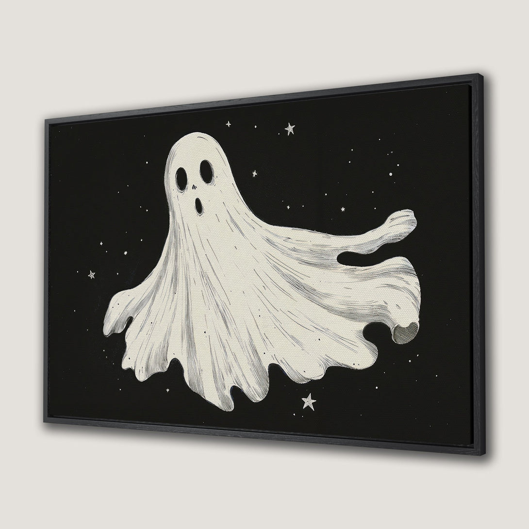 Framed Wall Art: Spooky ghost illustration on black background. Minimalist style, black and white color palette. Perfect Halloween decor.