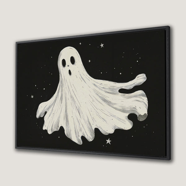 Framed Wall Art: Spooky ghost illustration on black background. Minimalist style, black and white color palette. Perfect Halloween decor.