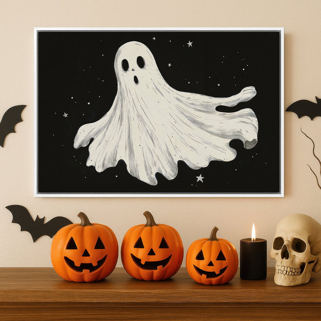 Framed Wall Art: Spooky ghost illustration on black background. Halloween decor in neutral tones. Perfect for adding a touch of eerie charm to your space.