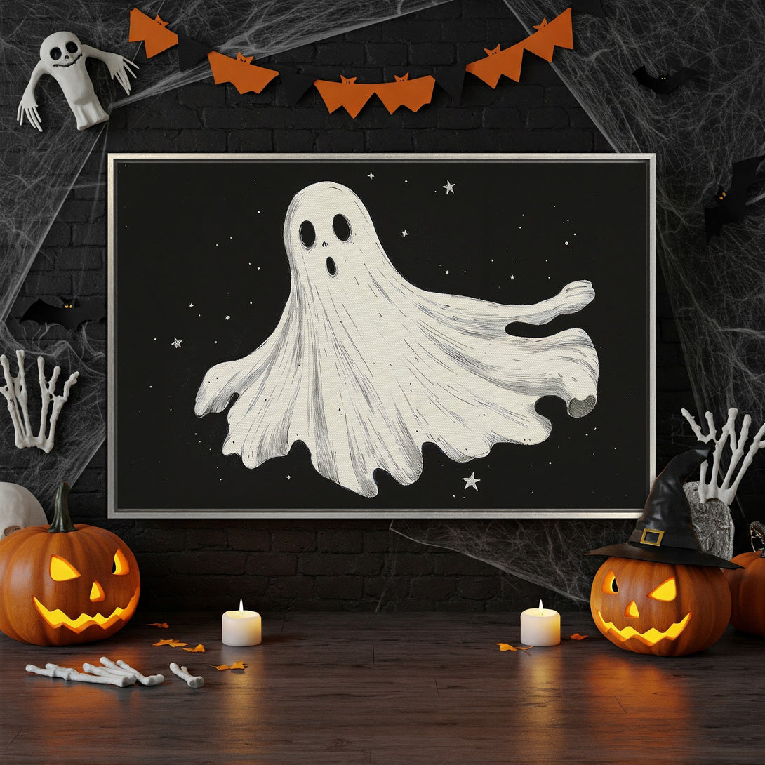Framed Wall Art: Spooky ghost illustration on black canvas. Halloween decor with orange, white, and black color palette. Perfect for a haunted home!