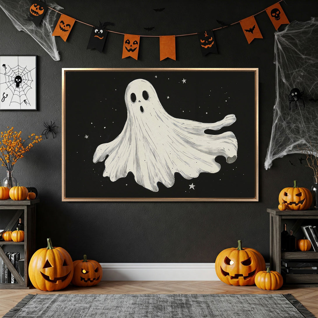 Framed Wall Art featuring a spooky ghost illustration in a black and white palette, perfect for Halloween decor. Adds a touch of eerie charm to any space.