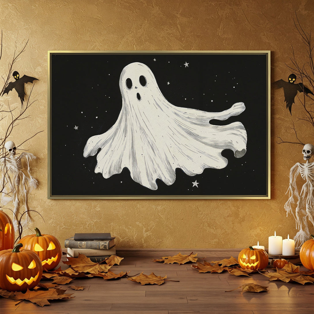Halloween Canvas Print featuring a spooky ghost illustration in a black and white color palette, perfect for seasonal decor.