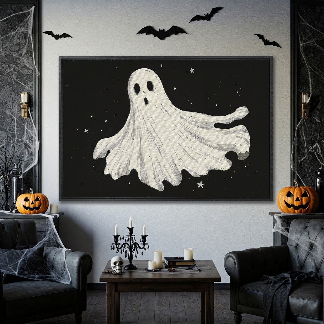 Framed Wall Art: Spooky ghost illustration on black canvas. Perfect Halloween decor in a monochrome color palette. Add a touch of eerie charm to your space!