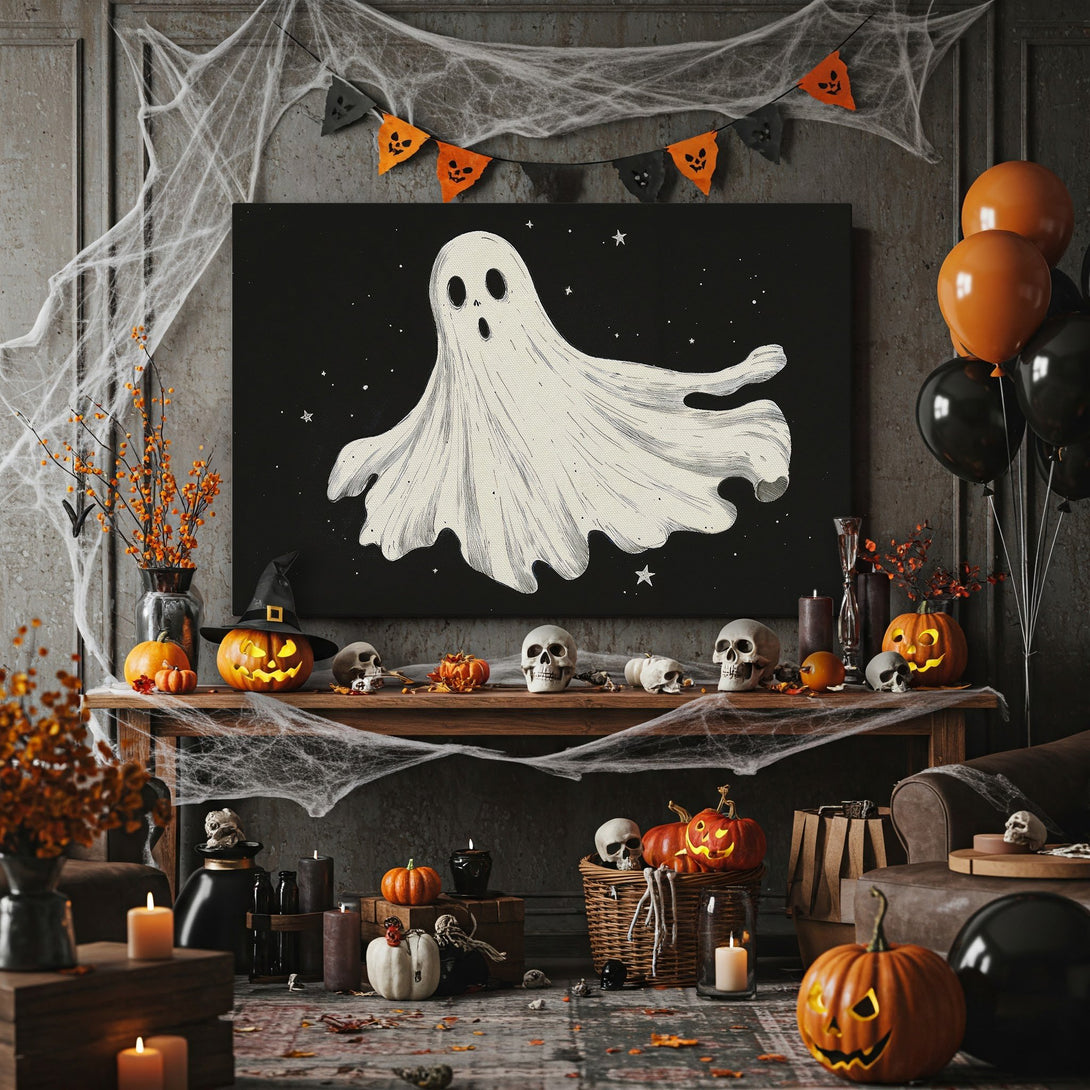 Framed Wall Art: Spooky ghost illustration on black background. Perfect Halloween decor in a neutral color palette. Get yours today!