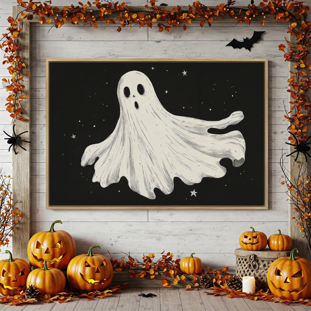 Framed Wall Art: Spooky ghost illustration on a black background. Halloween decor with orange and white accents. Perfect for fall!