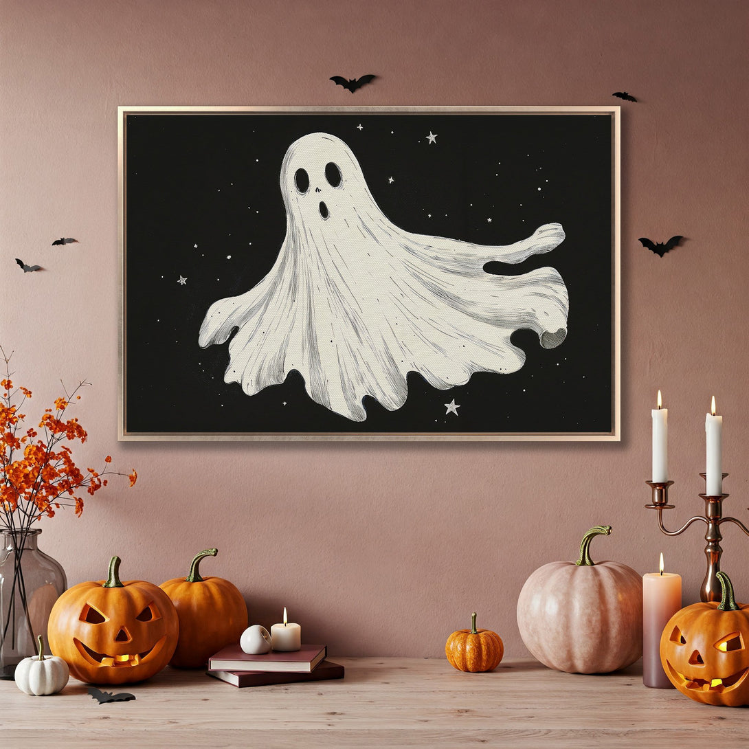 Framed Wall Art: Spooky ghost illustration on black background. Perfect Halloween decor. Neutral tones with pops of orange.