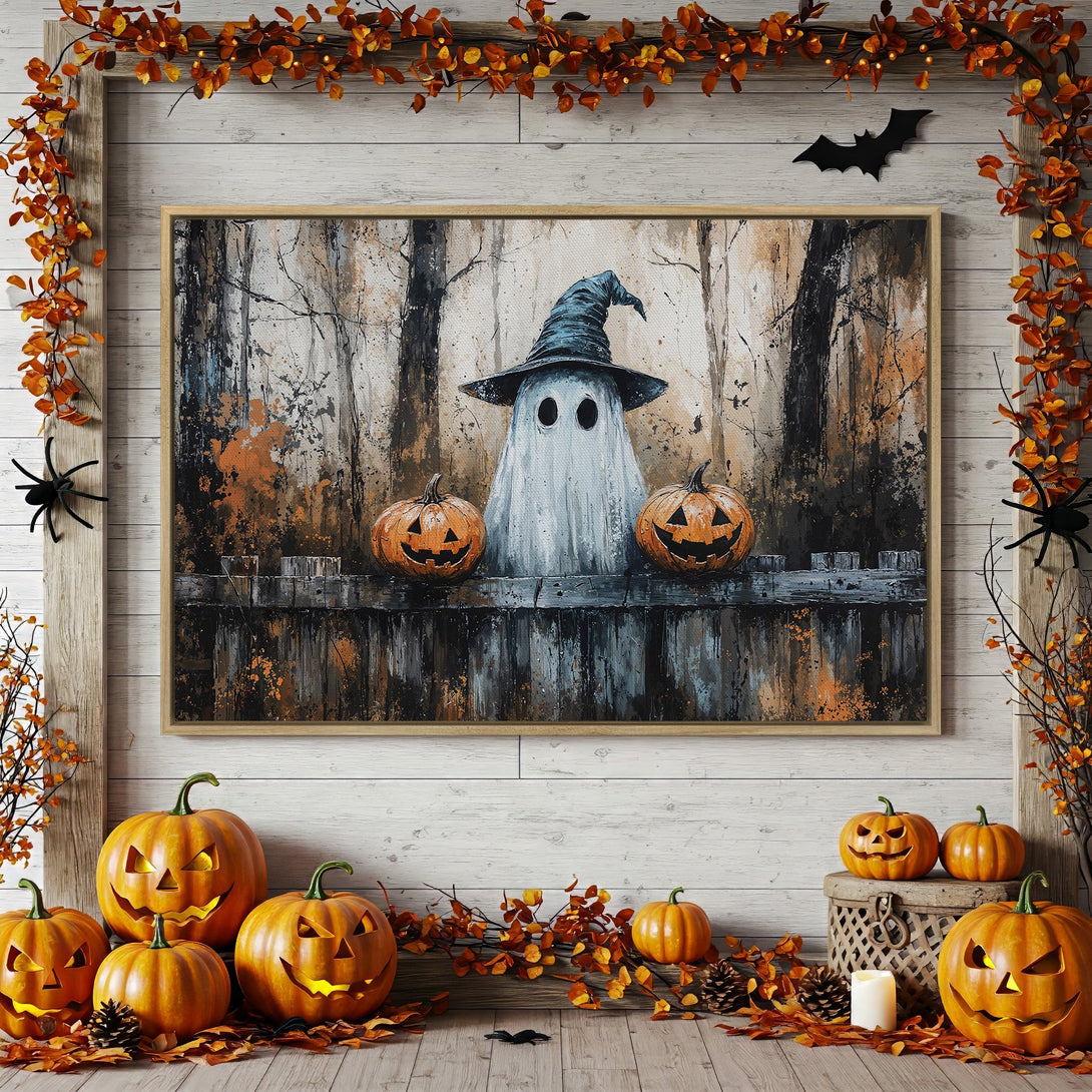 Framed Wall Art: Spooky Halloween ghost painting in a rustic style with orange and black color palette, perfect for seasonal decor.