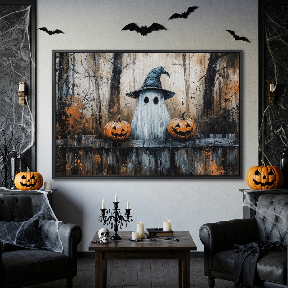 Framed Wall Art: Spooky Halloween ghost and pumpkins in a dark, moody painting. Perfect for adding a touch of eerie style to your home decor.