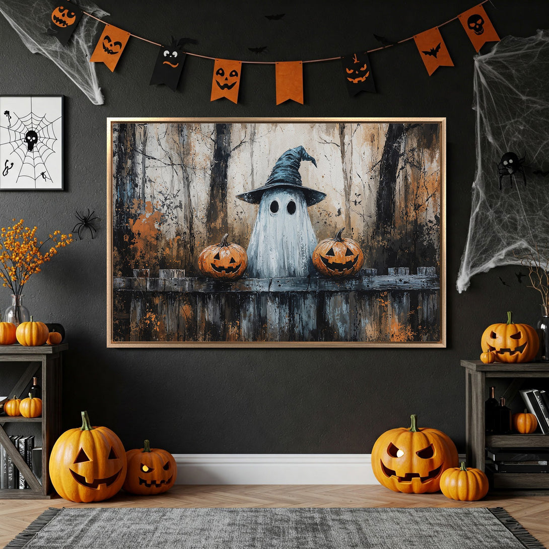 Framed Wall Art: Spooky Halloween ghost and pumpkins in a moody, abstract style. Featuring a black, orange, and neutral color palette, perfect for seasonal decor.
