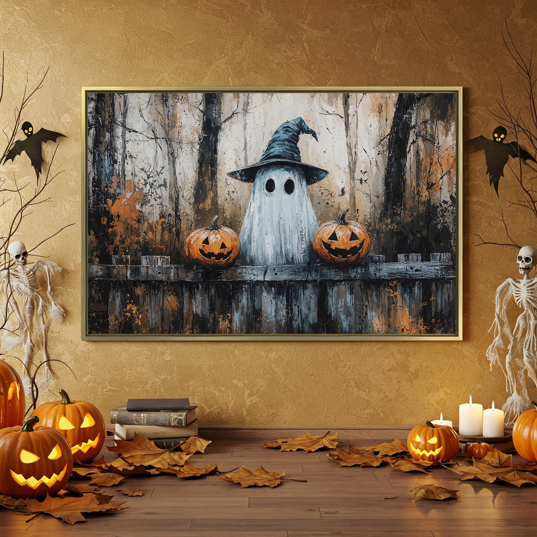 Halloween Canvas Print featuring a spooky ghost in a forest scene, with orange, black, and gray color palette. Perfect for your Halloween decor!