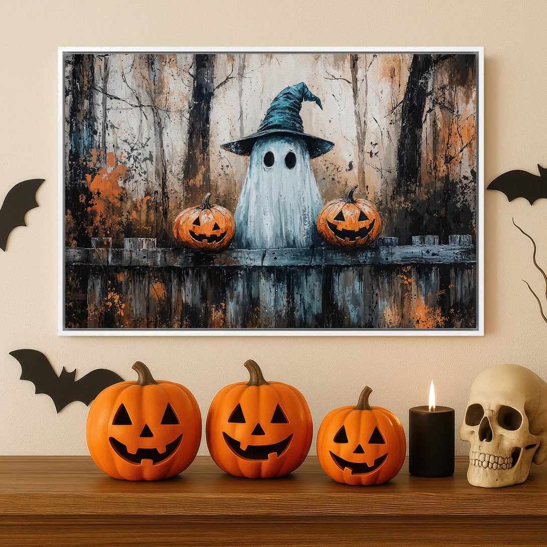 Framed Wall Art: Spooky Halloween ghost art with pumpkins, in an abstract style. Features a moody, orange and black color palette. Perfect Halloween decor!
