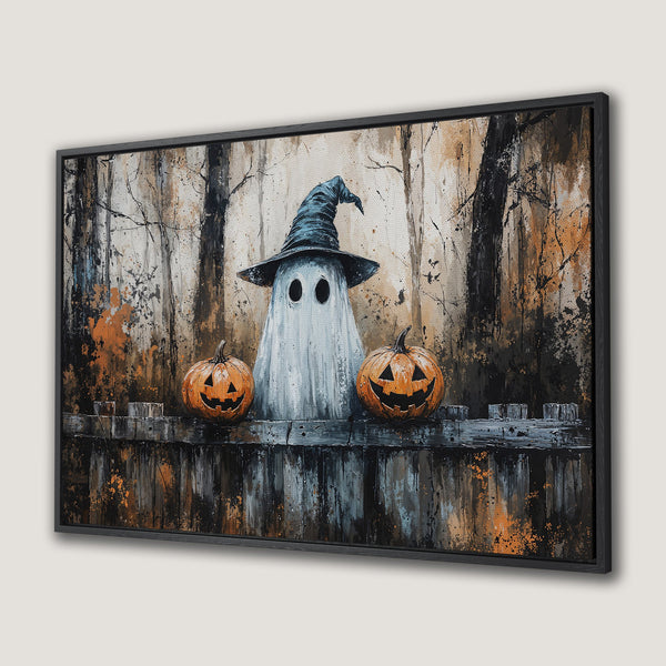 Framed Wall Art: Spooky Halloween canvas print featuring a ghost in a witch hat, pumpkins, and a rustic, abstract style with orange, black, and brown tones.