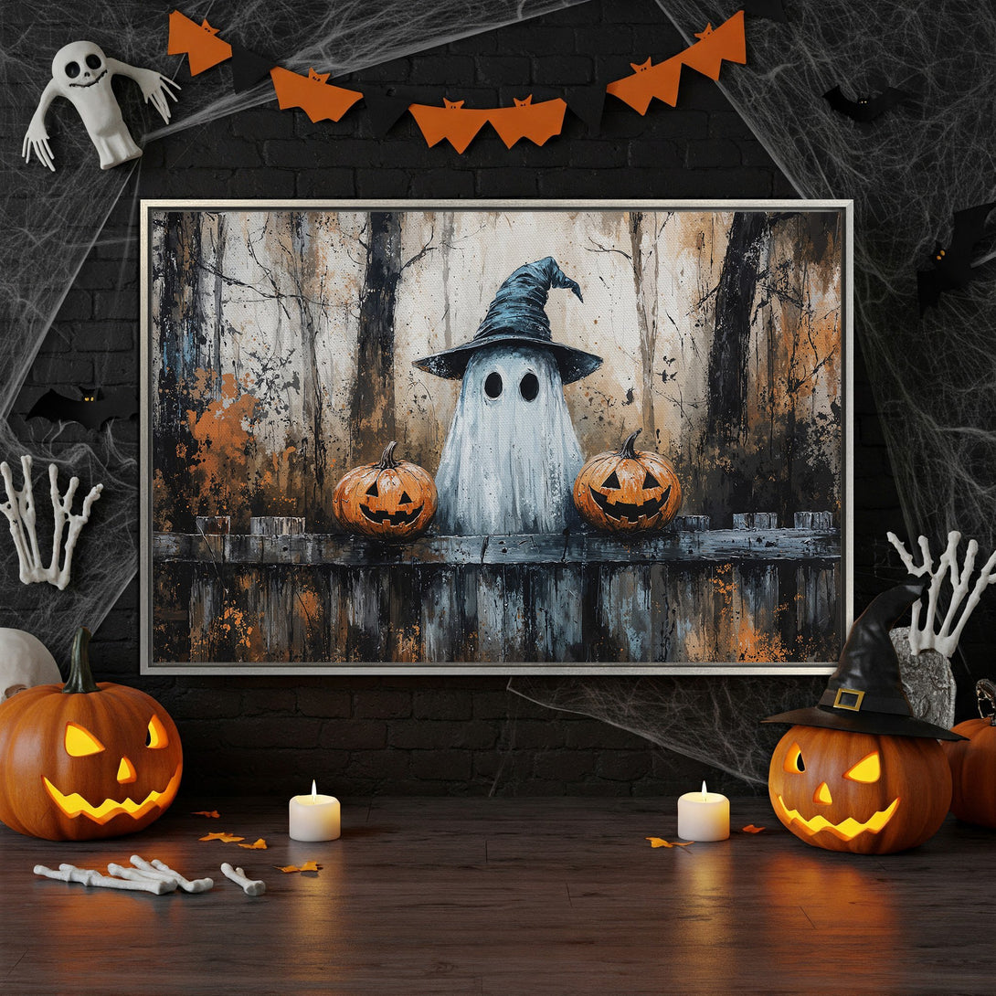 Framed Wall Art featuring a spooky ghost scene with pumpkins, in a moody, Halloween-themed color palette. Perfect for seasonal decor!