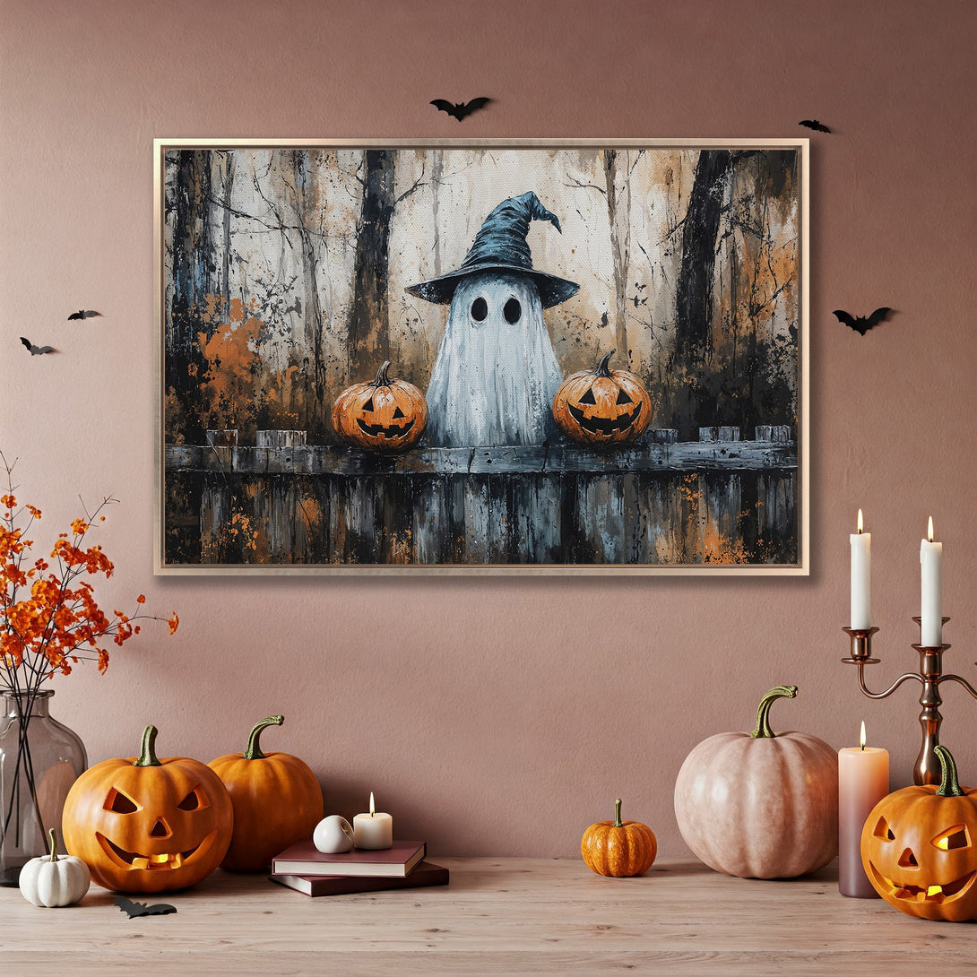 Framed Wall Art: Spooky Halloween ghost with pumpkins. Abstract style, orange, gray, and black color palette. Perfect for seasonal decor.