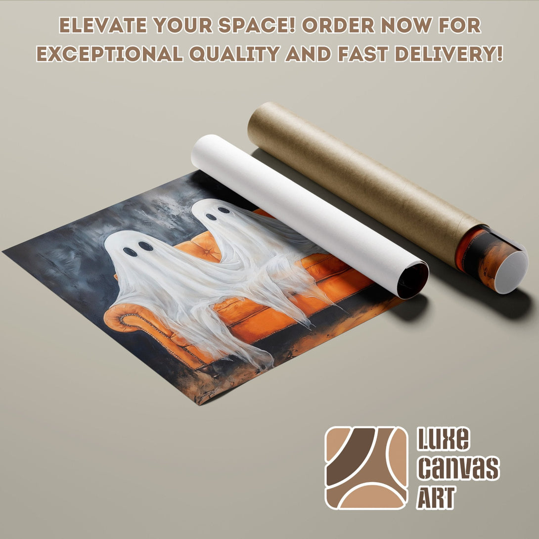 Poster Roll featuring a spooky ghost art print on a couch, with a warm color palette. Order now!