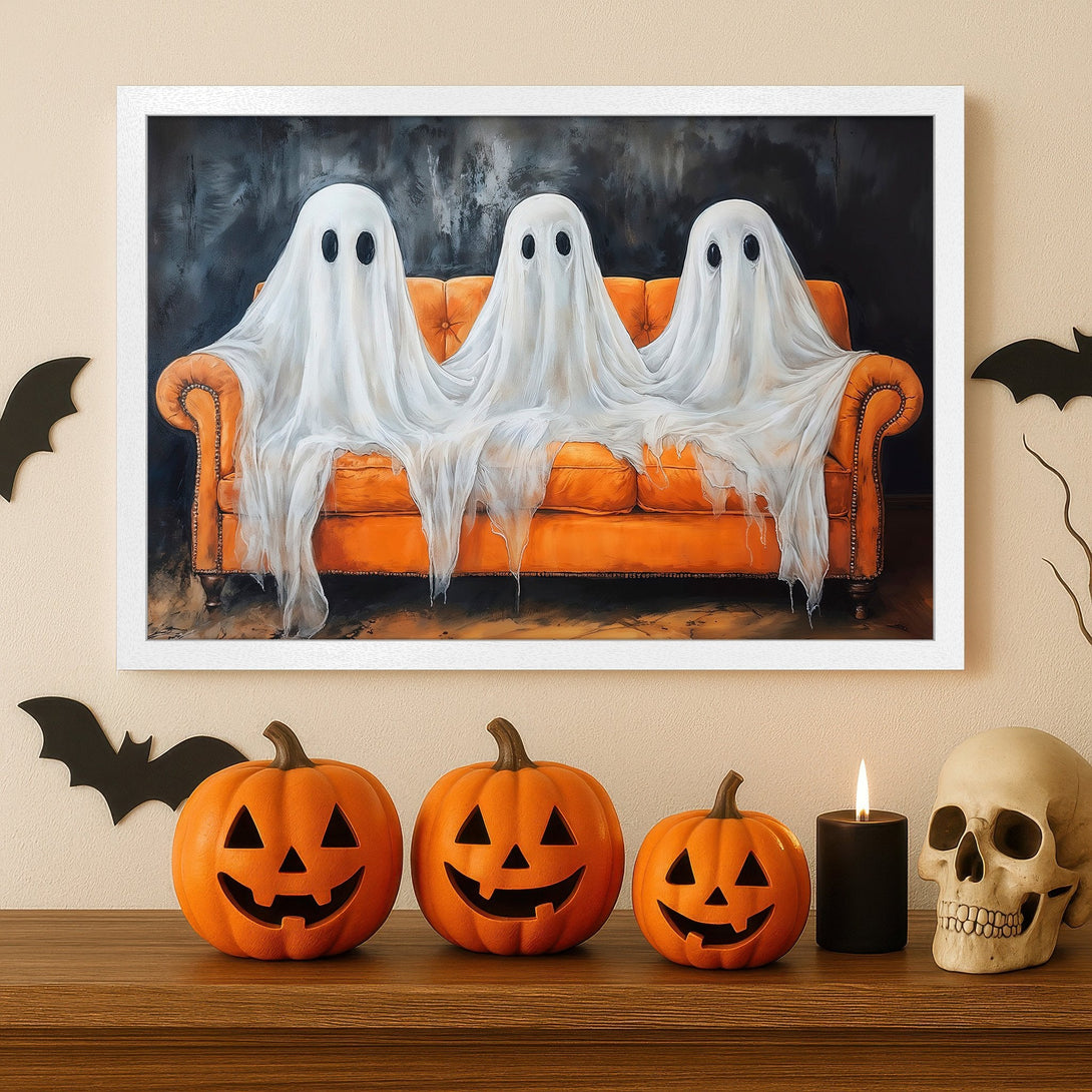 Framed Poster featuring whimsical ghosts on an orange couch, Halloween decor. Black, white, and orange color palette. Spooky wall art.