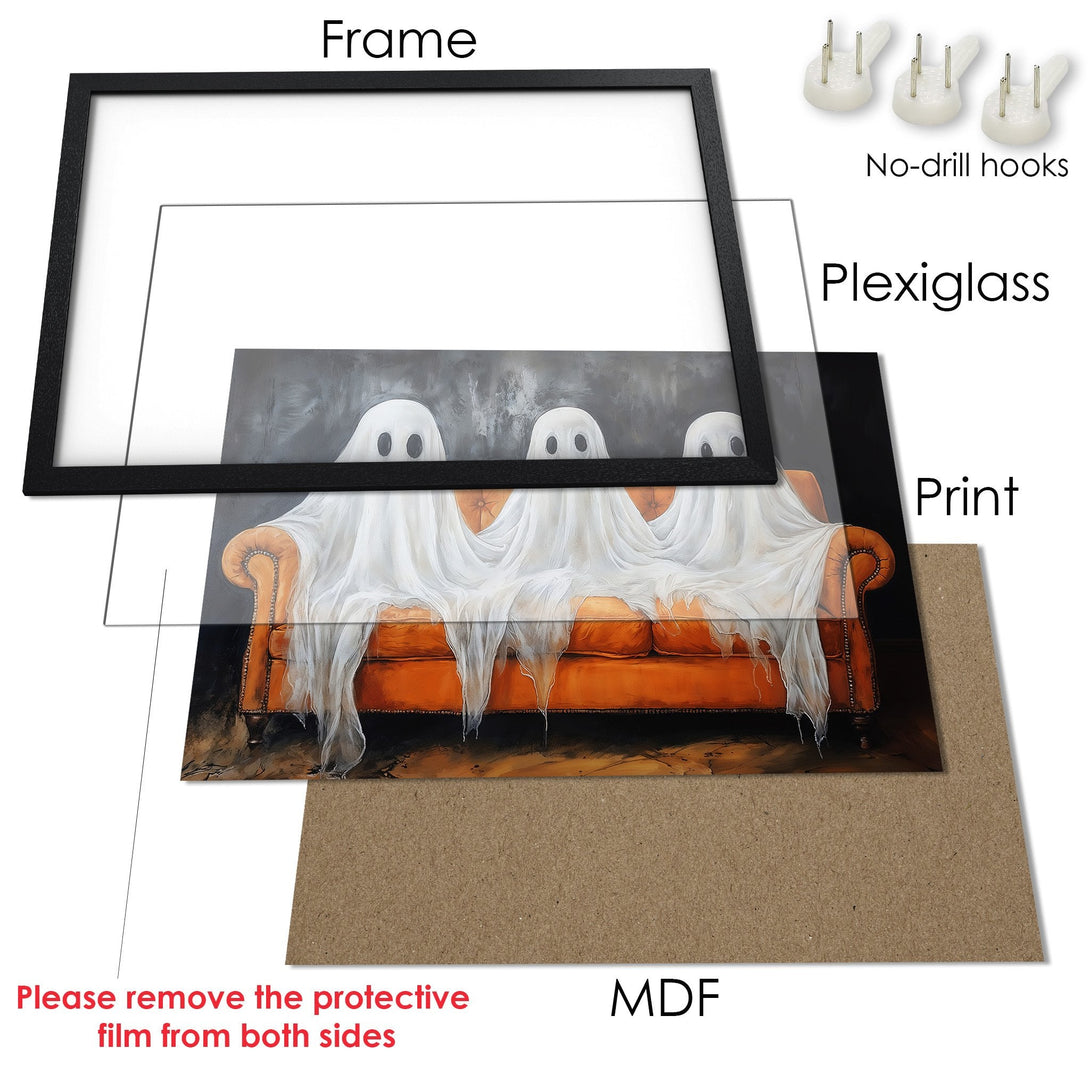 Framed Poster featuring ghosts on an orange couch. Artistic style with a warm, autumnal color palette. Perfect Halloween decor!