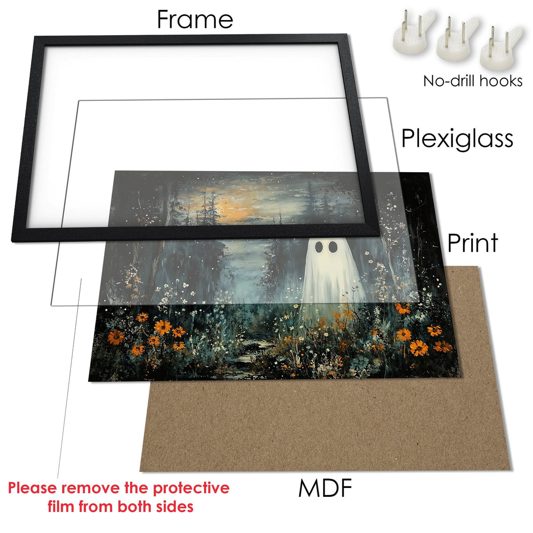 Framed Poster featuring a ghost in a forest, with a moody, dark color palette. Add spooky art to your home!