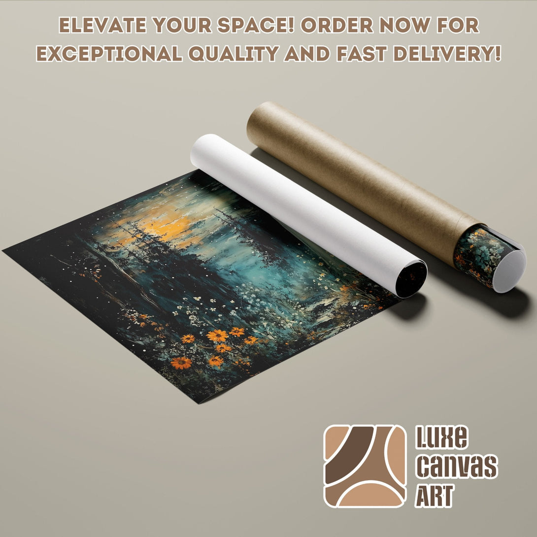 Abstract landscape Poster Roll in teal, orange, and black. Elevate your space!