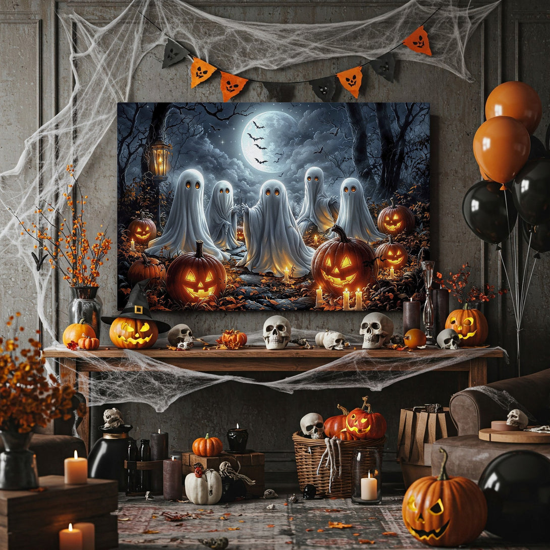 Framed Wall Art: Spooky Halloween scene with ghosts, pumpkins, and a full moon. Dark, atmospheric art in orange, black, and white. Perfect for fall decor!