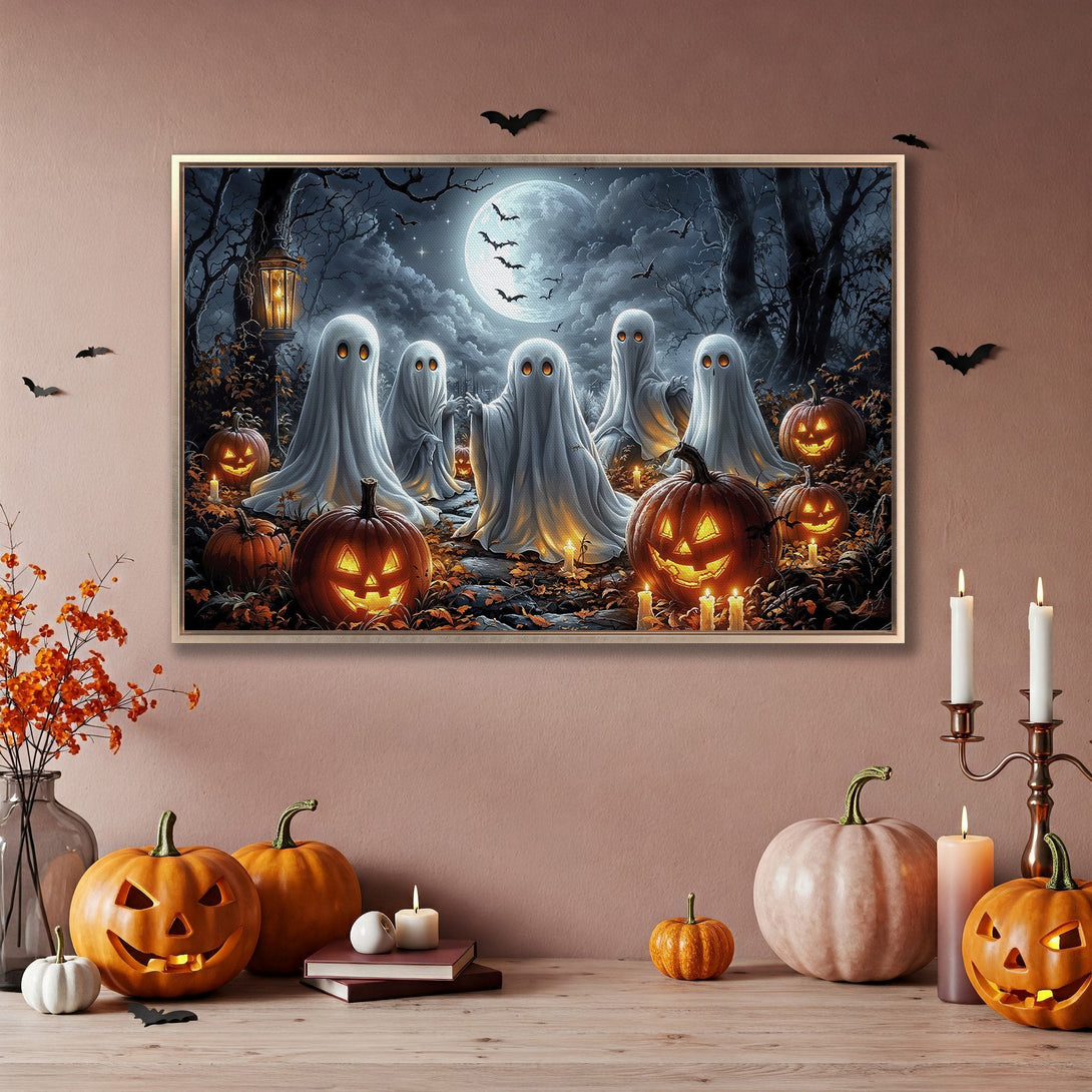 Framed Wall Art: Spooky Halloween scene with ghosts, pumpkins, and a moonlit forest. Dark, moody color palette perfect for seasonal decor.