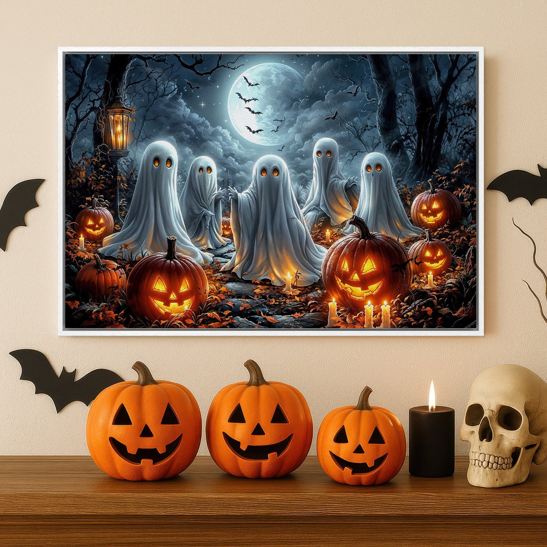 Framed Wall Art: Spooky Halloween scene with ghosts, jack-o'-lanterns, and a full moon. Dark, moody color palette perfect for seasonal decor.
