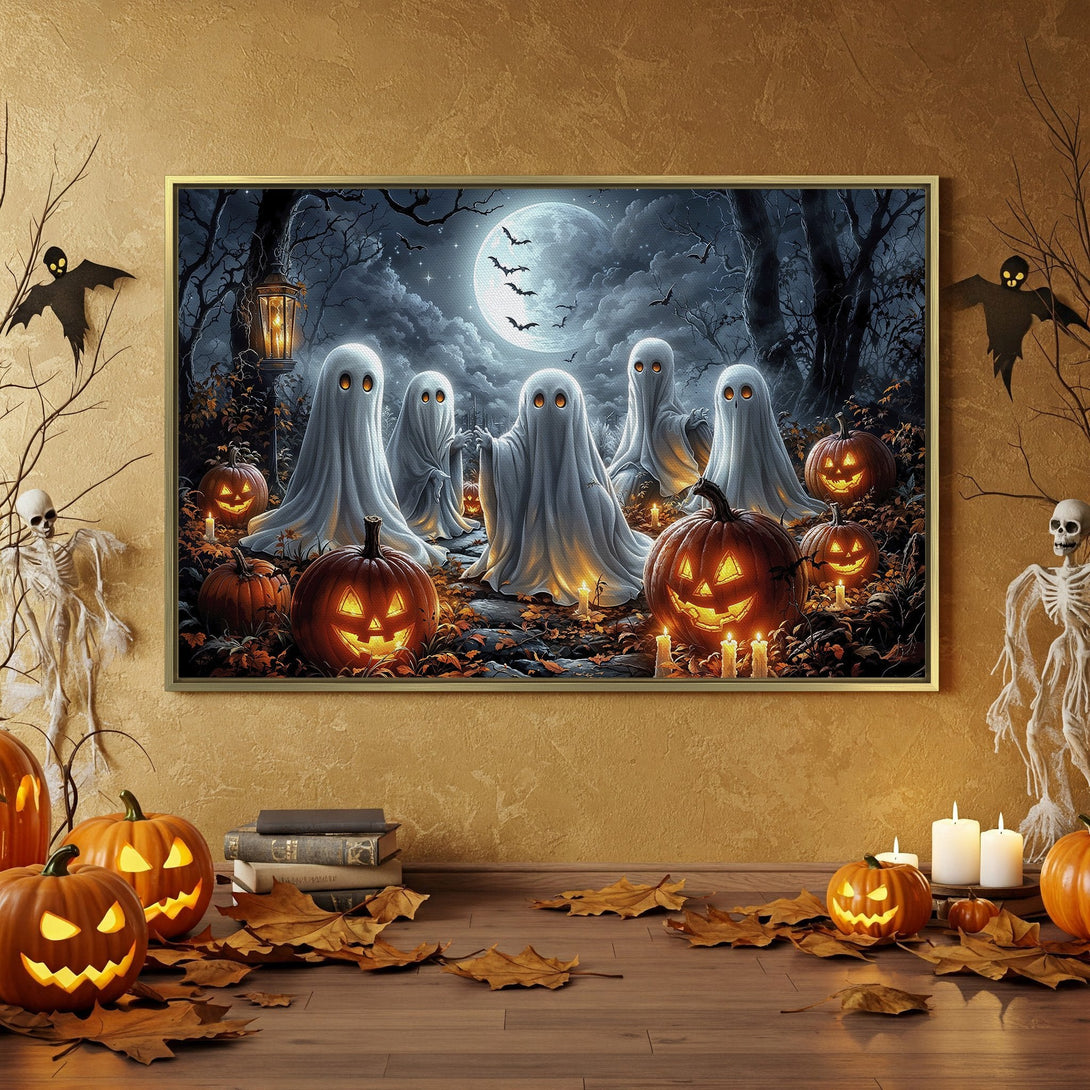 Canvas Print featuring a spooky Halloween scene with ghosts, pumpkins, and a dark, moody color palette. Perfect for seasonal decor!
