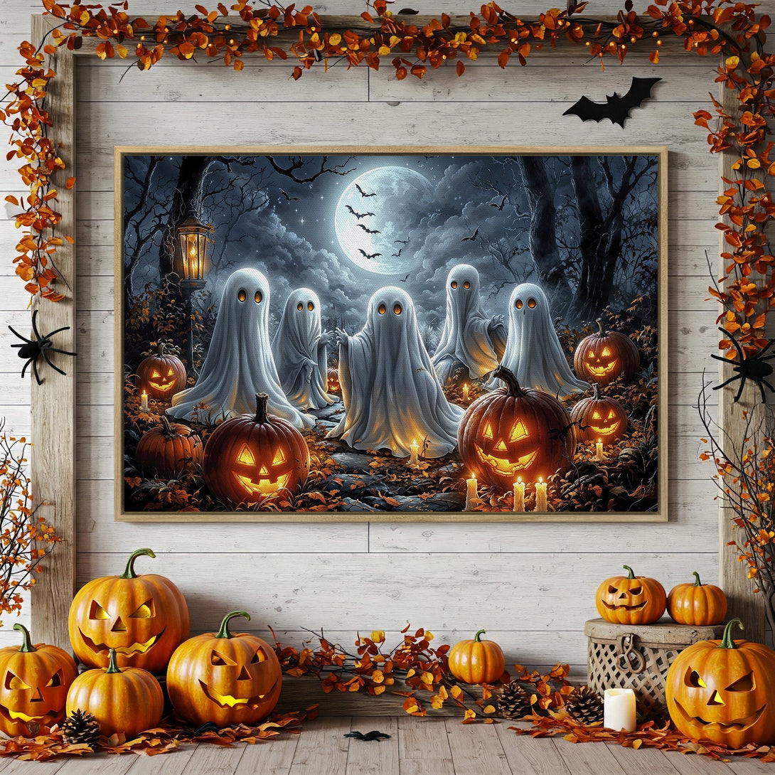 Framed Wall Art: Spooky Halloween scene with ghosts, pumpkins, and a full moon. Dark, moody color palette perfect for fall decor.
