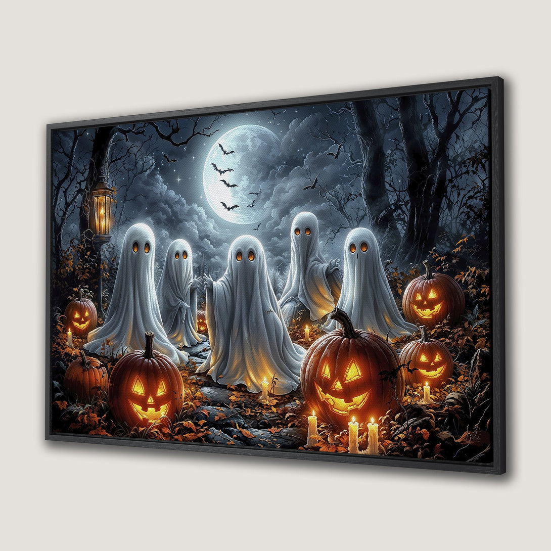 Framed Wall Art: Spooky Halloween scene with ghosts, pumpkins, and a full moon. Dark, atmospheric color palette. Perfect for Halloween decor!