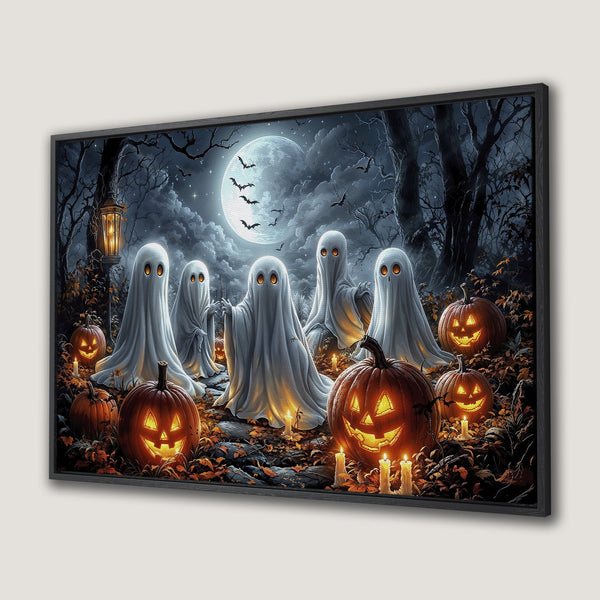 Framed Wall Art: Spooky Halloween scene with ghosts, pumpkins, and a full moon. Dark, atmospheric color palette. Perfect for Halloween decor!
