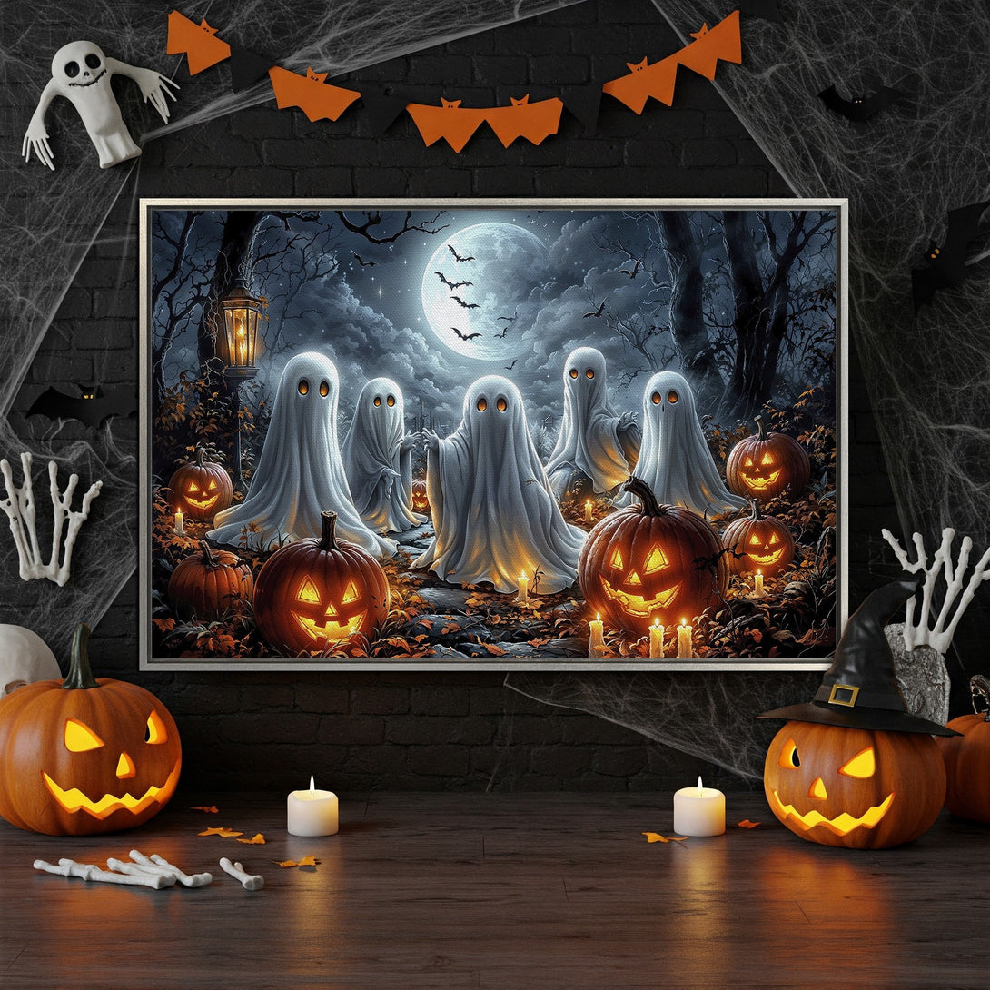 Framed Wall Art: Spooky Halloween scene with ghosts & pumpkins. Dark, moody color palette. Perfect for seasonal decor!