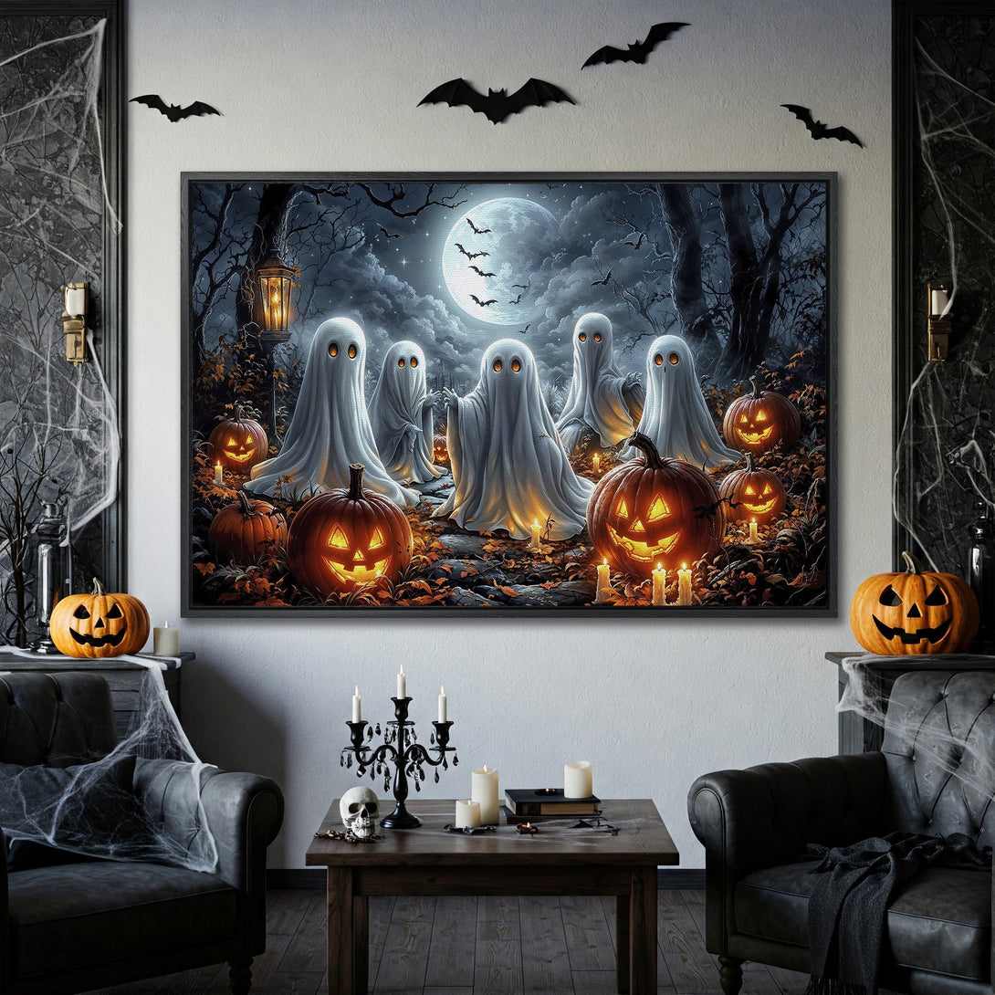 Framed Wall Art: Spooky Halloween scene with ghosts, pumpkins, and full moon in a dark, blue and orange palette. Perfect for Halloween decor!