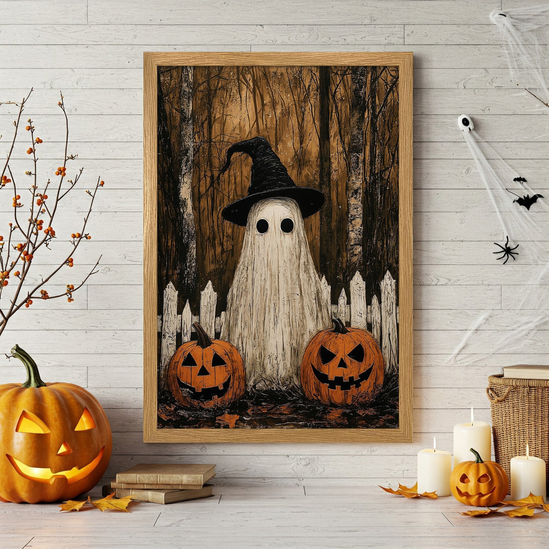 Framed Poster featuring a spooky ghost and pumpkins, in a rustic Halloween style with warm orange and brown tones.